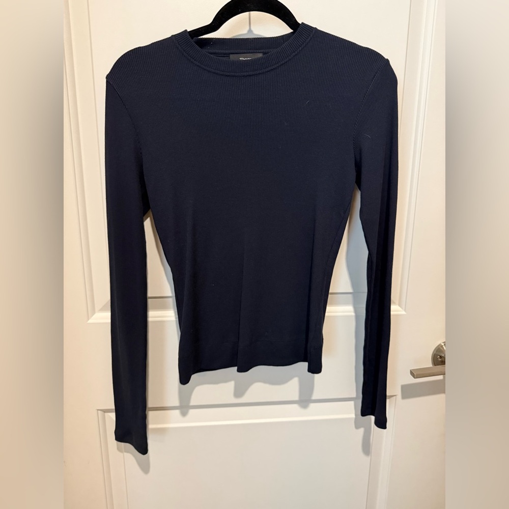NWOT Theory Navy Ribbed Cotton Modal Fitted Long Sleeve T-Shirt Sz Small